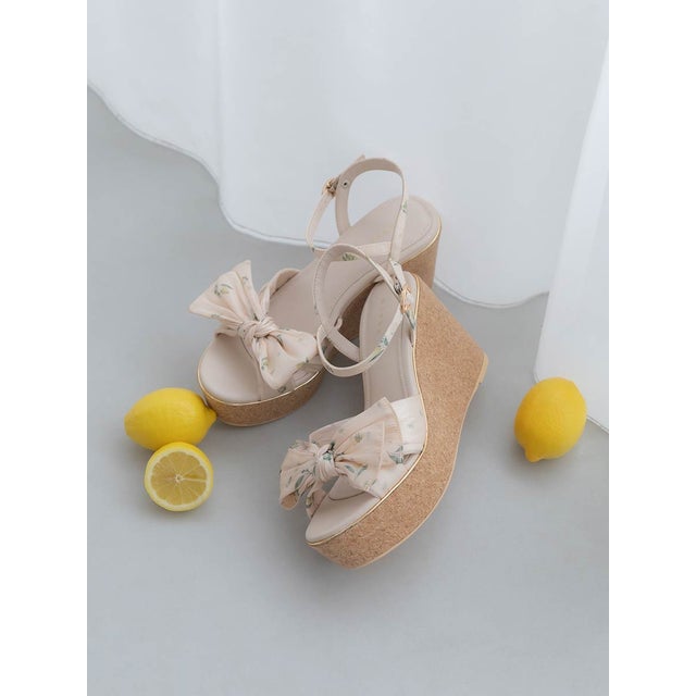 【Lemon Collection】レモンプリントリボンウェッジサンダル （PINK）