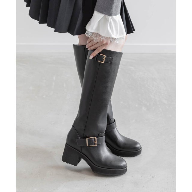 ★バックルベルトトラックソールロングブーツ （BLACK）