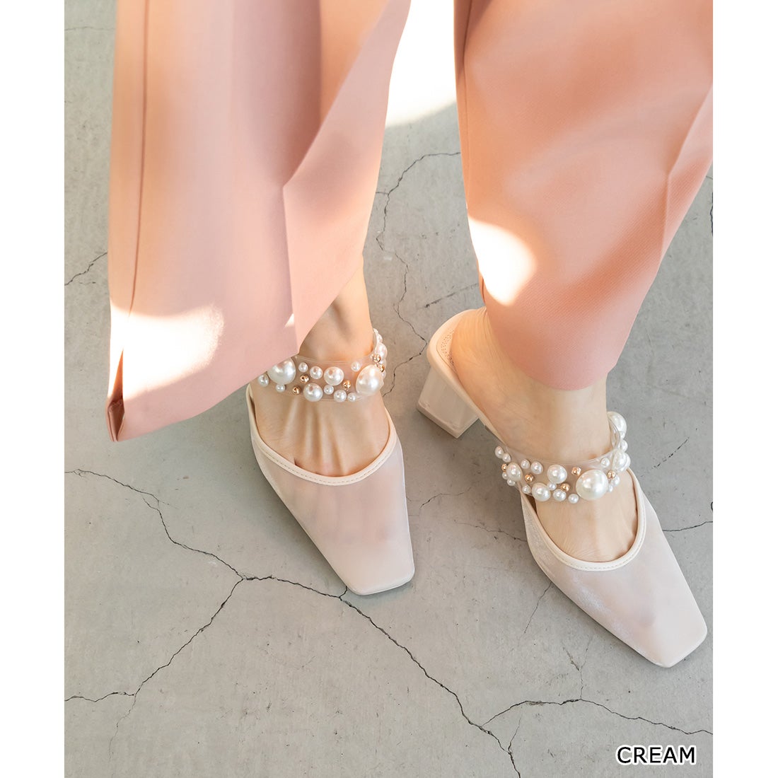 ランダ RANDA パールベルトシアーミュールパンプス （CREAM） -靴 