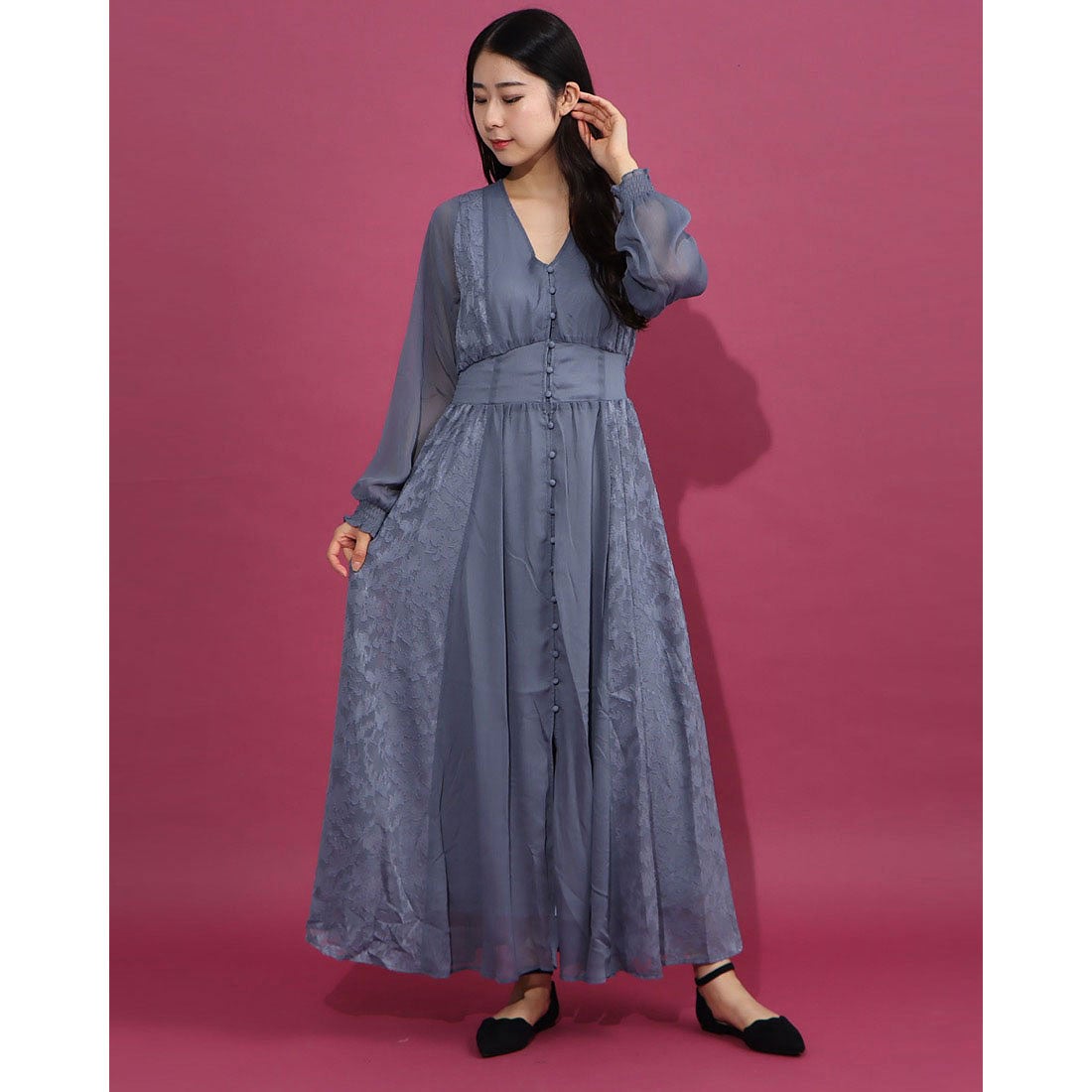 ランダ RANDA ジャガードシフォン切り替えワンピース （BLUE 