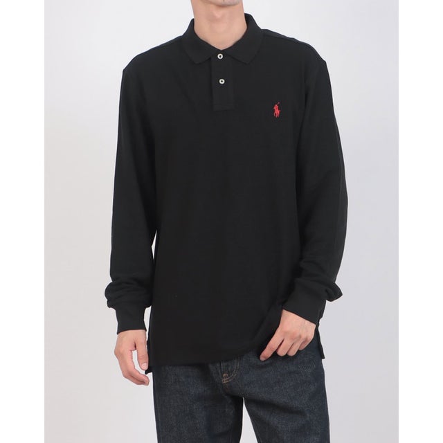 カスタムスリム ソリッドメッシュ コットン 長袖ポロシャツ （POLO BLACK/C3870）