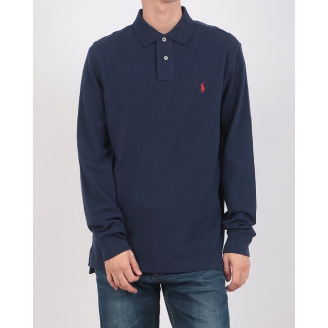 カスタムスリム ソリッドメッシュ コットン 長袖ポロシャツ （NEWPORT NAVY/C3870）
