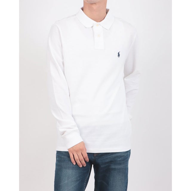 カスタムスリム ソリッドメッシュ コットン 長袖ポロシャツ （WHITE）