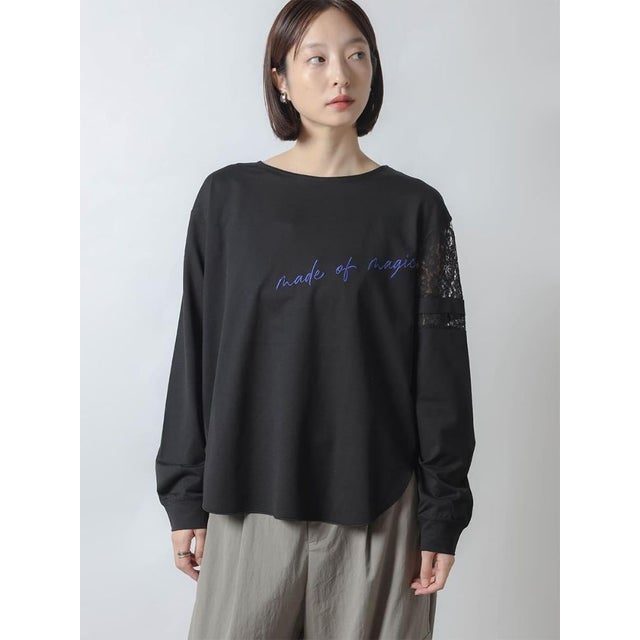 レースドッキングメッセージロゴロングカットソー （ブラック）