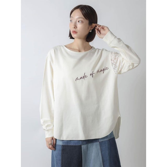 レースドッキングメッセージロゴロングカットソー （アイボリー）