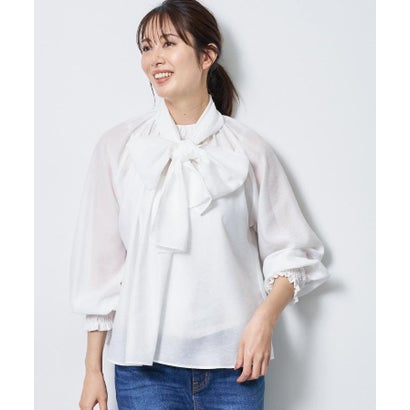 【通勤／セレモニー】リボンボウタイ付きブラウス （ネイビー(094)）｜詳細画像