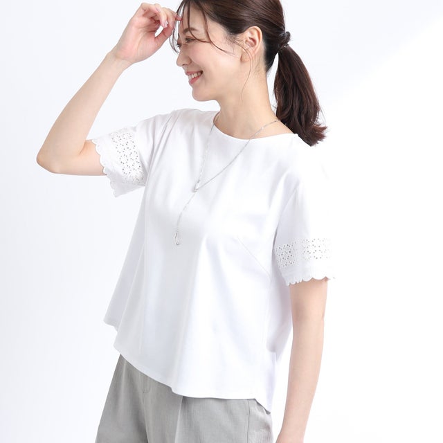 
                    【UVカット／接触冷感／洗える】刺繍スリーブTシャツ （オフホワイト(003)）