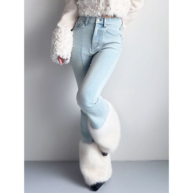 ヘムフェイクファーデニムパンツ （アイスブルー）