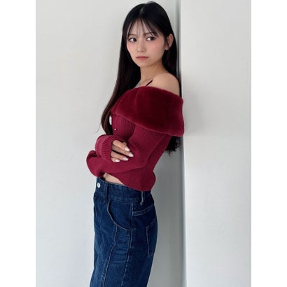 フェイクファーオフショルニットトップス （レッド）｜詳細画像