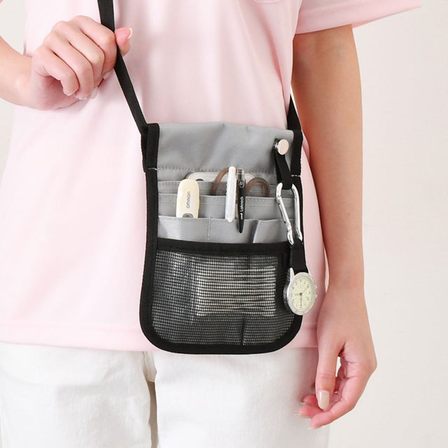 ウエストポーチ ショルダーバッグ 仕事用 ナース レディース 看護師 ペンケース ポシェット 斜めがけ 2way メッシュ スリム 軽量 （グレー）