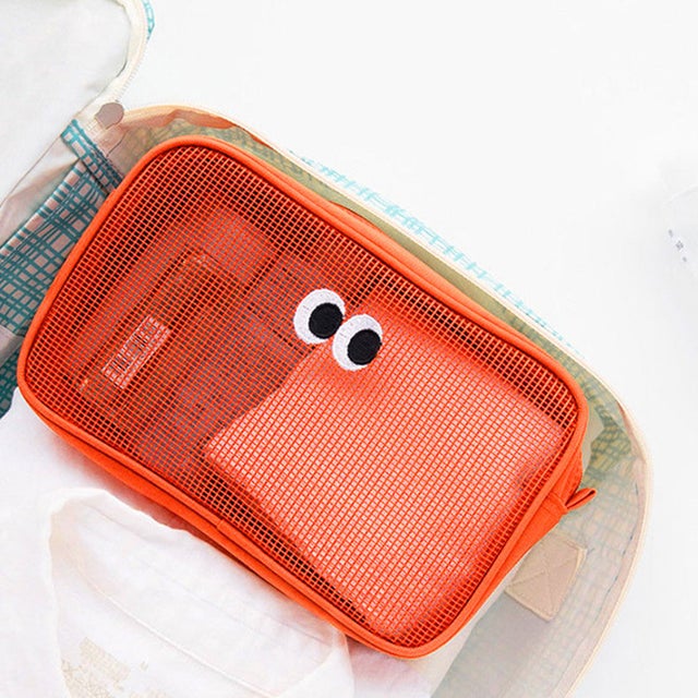 ポーチ 小物入れ レディース メンズ おしゃれ 韓国 コスメ メイク メッシュ 刺繍 化粧品 スクエア 横型 目玉 トラベル 旅行 夏 海 目玉 目玉デザイン （オレンジ）