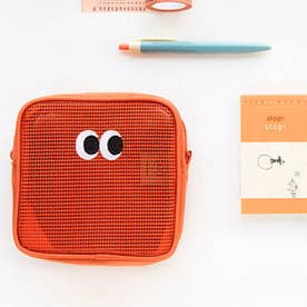 ポーチ 小物入れ レディース メンズ おしゃれ 韓国 コスメ メイク メッシュ 刺繍 化粧品 ミニ スクエア 目玉 トラベル 旅行 夏 海 目玉 目玉デザイン （オレンジ）
