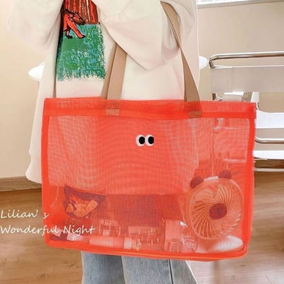 トートバッグ レディース メンズ メッシュ 大きめ A4 軽量 おしゃれ かわいい 夏 海 ビーチ プール 旅行 韓国 目玉 キッズ 子供 （オレンジ）｜詳細画像