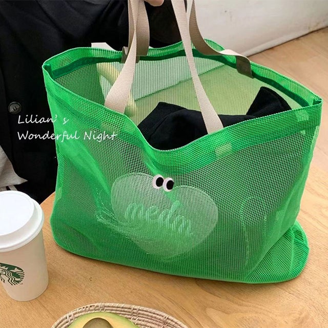 トートバッグ レディース メンズ メッシュ 大きめ A4 軽量 おしゃれ かわいい 夏 海 ビーチ プール 旅行 韓国 目玉 キッズ 子供 （グリーン）