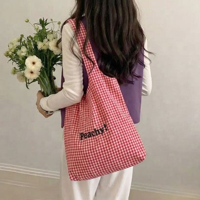 トートバッグ レディース A4 軽い 軽量 肩掛け 手持ち 手提げ チェック ストライプ 通勤 通学 推し活 旅行 トラベル 買い物 おしゃれ （ブラック(チェック)）｜詳細画像