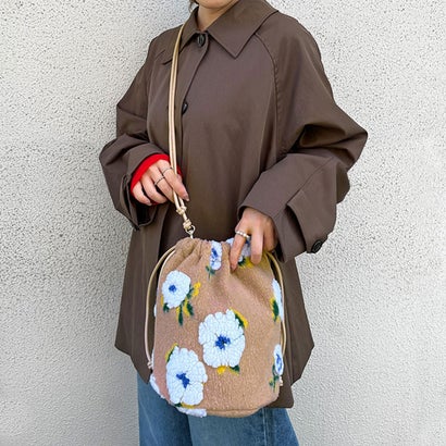 巾着バッグ ショルダー レディース 2way 軽い 小さめ 斜めがけ ハンドバッグ ファーバッグ 肩掛け マチ広 ボア フラワー 花柄 おしゃれ （ブラック(11)）｜詳細画像