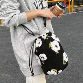 巾着バッグ ショルダー レディース 2way 軽い 小さめ 斜めがけ ハンドバッグ ファーバッグ 肩掛け マチ広 ボア フラワー 花柄 おしゃれ （ブラック(11)）