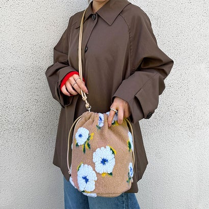 巾着バッグ ショルダー レディース 2way 軽い 小さめ 斜めがけ ハンドバッグ ファーバッグ 肩掛け マチ広 ボア フラワー 花柄 おしゃれ （ベージュ(10)）｜詳細画像