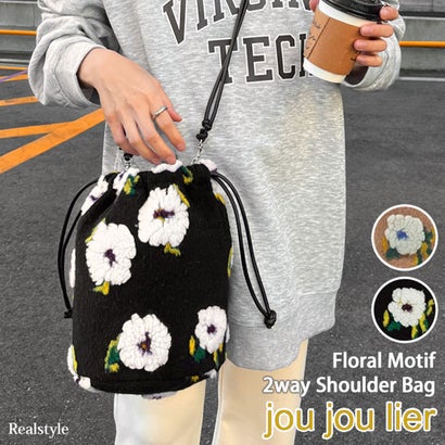 巾着バッグ ショルダー レディース 2way 軽い 小さめ 斜めがけ ハンドバッグ ファーバッグ 肩掛け マチ広 ボア フラワー 花柄 おしゃれ （ベージュ(10)）｜詳細画像