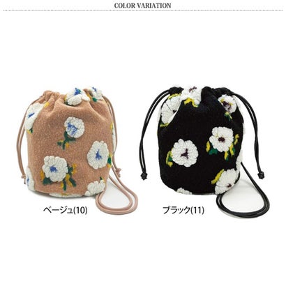 巾着バッグ ショルダー レディース 2way 軽い 小さめ 斜めがけ ハンドバッグ ファーバッグ 肩掛け マチ広 ボア フラワー 花柄 おしゃれ （ベージュ(10)）｜詳細画像