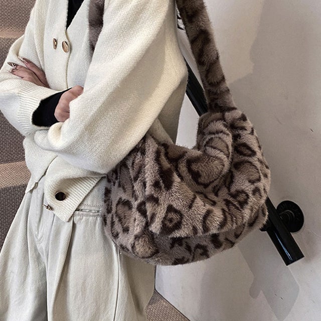 ショルダーバッグ レディース B5 軽い 軽量 フェイクファー レオパード マチ広 手提げ おしゃれ 上品 結婚式 旅行 ヒョウ柄バッグ （グレー）