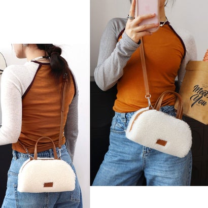 ショルダーバッグ レディース 小さめ ボア 2way ミニバッグ 斜めがけ ハンドバッグ 大人 上品 軽量 おしゃれ 秋冬 旅行 異素材 合皮 （ライトベージュ）｜詳細画像