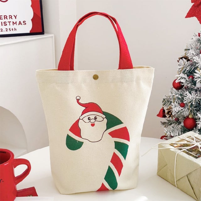 クリスマス バッグ 手提げ トート ハンドバッグ キャンバス 帆布 小さめ ギフト お菓子 キャンディ イベント パーティ グッズ 雑貨 （D）