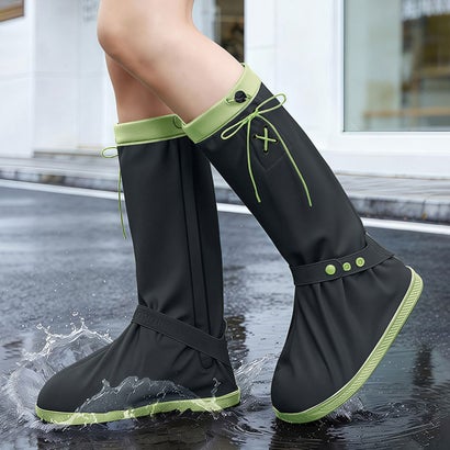 レインシューズカバー レディース 防水 ロング リボン レインカバー 雨具 雨対策 梅雨 おしゃれ 靴の上から履ける アウトドア 防災 大人 （ブラック）｜詳細画像
