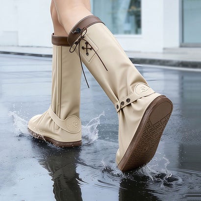 レインシューズカバー レディース 防水 ロング リボン レインカバー 雨具 雨対策 梅雨 おしゃれ 靴の上から履ける アウトドア 防災 大人 （ブラック）｜詳細画像