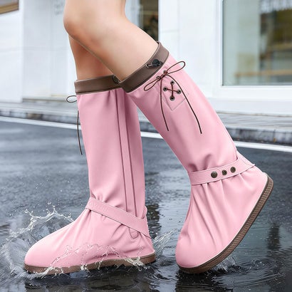 レインシューズカバー レディース 防水 ロング リボン レインカバー 雨具 雨対策 梅雨 おしゃれ 靴の上から履ける アウトドア 防災 大人 （ピンク）｜詳細画像