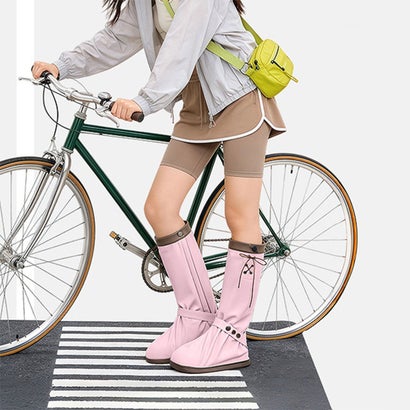 レインシューズカバー レディース 防水 ロング リボン レインカバー 雨具 雨対策 梅雨 おしゃれ 靴の上から履ける アウトドア 防災 大人 （ピンク）｜詳細画像