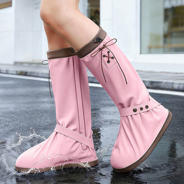 レインシューズカバー レディース 防水 ロング リボン レインカバー 雨具 雨対策 梅雨 おしゃれ 靴の上から履ける アウトドア 防災 大人 （ピンク）