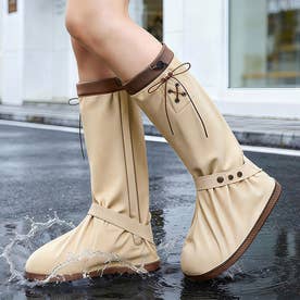レインシューズカバー レディース 防水 ロング リボン レインカバー 雨具 雨対策 梅雨 おしゃれ 靴の上から履ける アウトドア 防災 大人 （ベージュ）