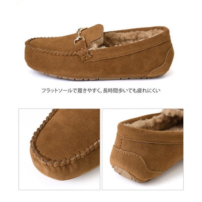 モカシン ビット付き レディース スリッポン フラットシューズ ぺたんこ 秋冬 あったか フェイクファー フェイクムートン もこもこ 軽量 ボア 防寒 ローファー （ブラック）｜詳細画像