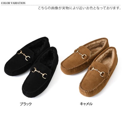 モカシン ビット付き レディース スリッポン フラットシューズ ぺたんこ 秋冬 あったか フェイクファー フェイクムートン もこもこ 軽量 ボア 防寒 ローファー （キャメル）｜詳細画像