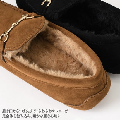 モカシン ビット付き レディース スリッポン フラットシューズ ぺたんこ 秋冬 あったか フェイクファー フェイクムートン もこもこ 軽量 ボア 防寒 ローファー （キャメル）｜詳細画像