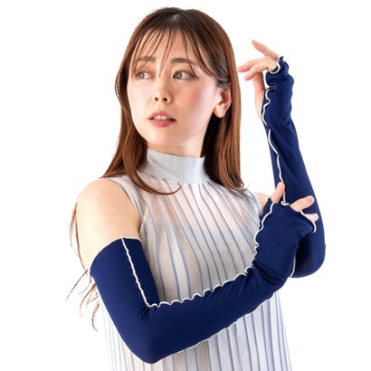 アームカバー レディース 冷感 UVカット 99％ UPF50+ ロング 夏 指なし 指穴 メロウ リブ 色が変わる 紫外線 日焼け防止 （ネイビー）｜詳細画像