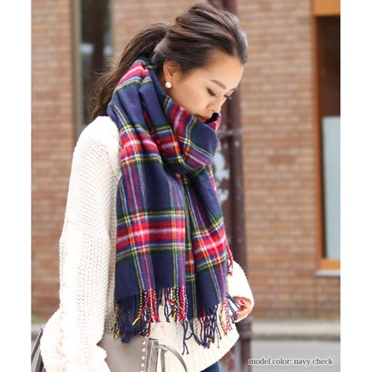 ウールタッチ無地＆タータンチェック大判ストール マフラー スヌードネックウォーマーブランケット膝掛け総柄マフラー厚手 ショール フリンジ レディース 冬 （ブラックウォッチ）｜詳細画像