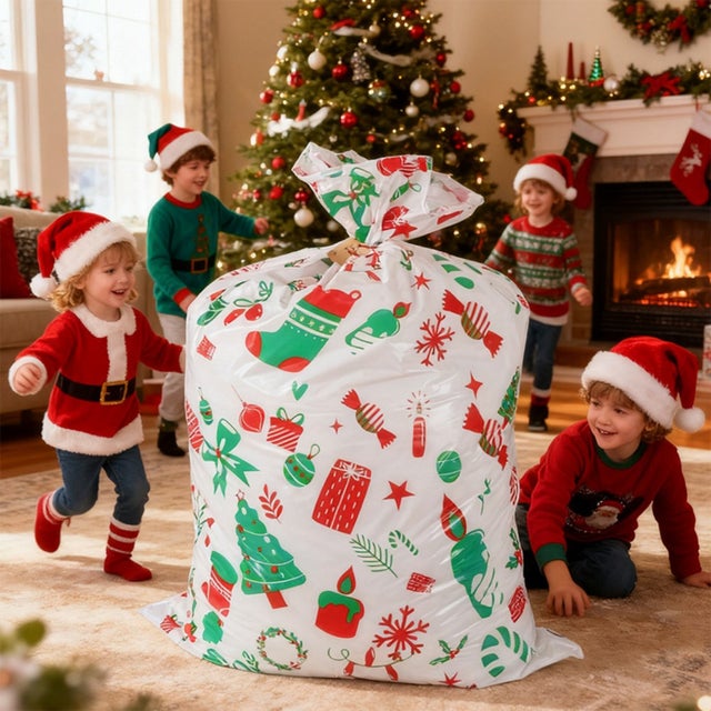 クリスマス プレゼント ラッピング 袋 特大 サンタクロース サンタさん ギフト 大きい 特大 包装 飾り オーナメント パーティー リボン （ホワイト）