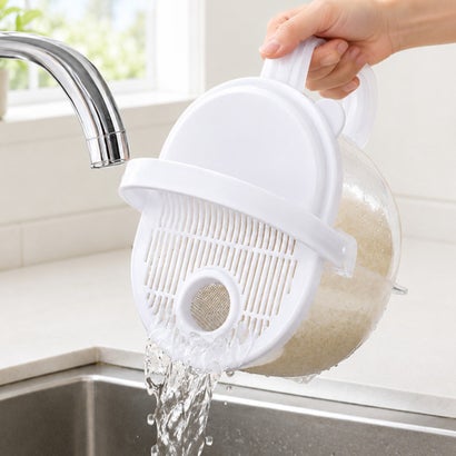 洗米ポット 水流式 米とぎ器 1～3合 目盛り付き 水切り付き ハンドル付き 蛇口の水で洗える 手を濡らさずに洗える お米 洗い ネイル 冬 （クリア）｜詳細画像