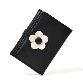 ミニ財布 レディース カードケース 三つ折り コンパクト フラワー 花 ベルト付き 札入れ 使いやすい （ブラック）