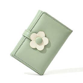 ミニ財布 レディース カードケース 三つ折り コンパクト フラワー 花 ベルト付き 札入れ 使いやすい （グリーン）