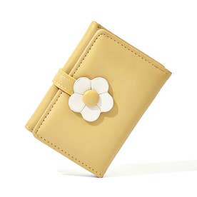 ミニ財布 レディース カードケース 三つ折り コンパクト フラワー 花 ベルト付き 札入れ 使いやすい （イエロー）