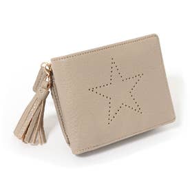 財布 二つ折り 使いやすい お札2か所 小銭入れ 中仕切りあり l字ファスナー ミニ財布 カード入れ 星 （ベージュ）