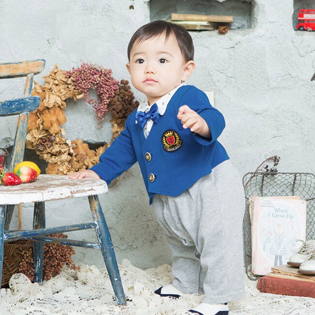 ロンパース カバーオール 新生児 70 80 長袖 男の子 赤ちゃん ベビー 七五三 結婚式 フォーマル ジャケット スーツ 蝶ネクタイ （ブルー）