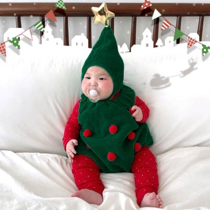 ベビー ロンパース セット 帽子 クリスマスツリー 仮装 あったか 防寒 赤ちゃん コスプレ 男の子 女の子 60 70 80 90 新生児 （ツリー）｜詳細画像