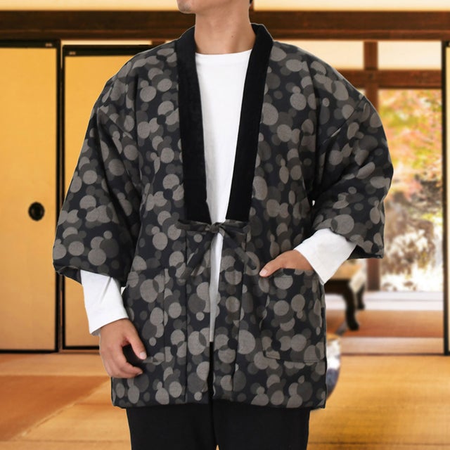 はんてん メンズ 中綿 防寒 冬 綿入り 綿入れ 半纏 半てん 暖かい あったか 長袖 羽織り 部屋着 ゆったり どてら ちゃんちゃんこ （ブラック）