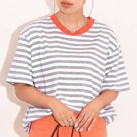 カットソー Tシャツ 半袖 ボーダー 薄手 涼しい 綿 5分袖 可愛い 韓国ファッション 綿 コットン （グレー）