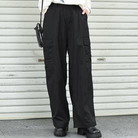 カーゴパンツ レディース カーキ 50代 低身長 ワイド ウエストゴム ストリート 韓国 薄手 ポケット ロング （ブラック）