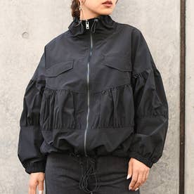 ブルゾン ジャンバー 冬 春 ギャザー 切替 アウター ジャケット 羽織り 可愛い 韓国ファッション ユニーク （ブラック）